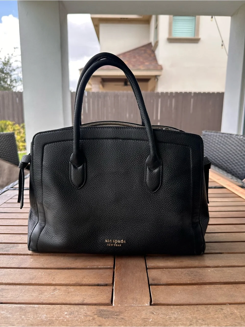 kate spade Black Pebbled Leather Satchel with Gold Logo